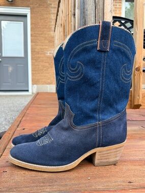Vintage TEXAS Brand Denim & Suede Cowboy Boots Made in USA Men’s 13D Western